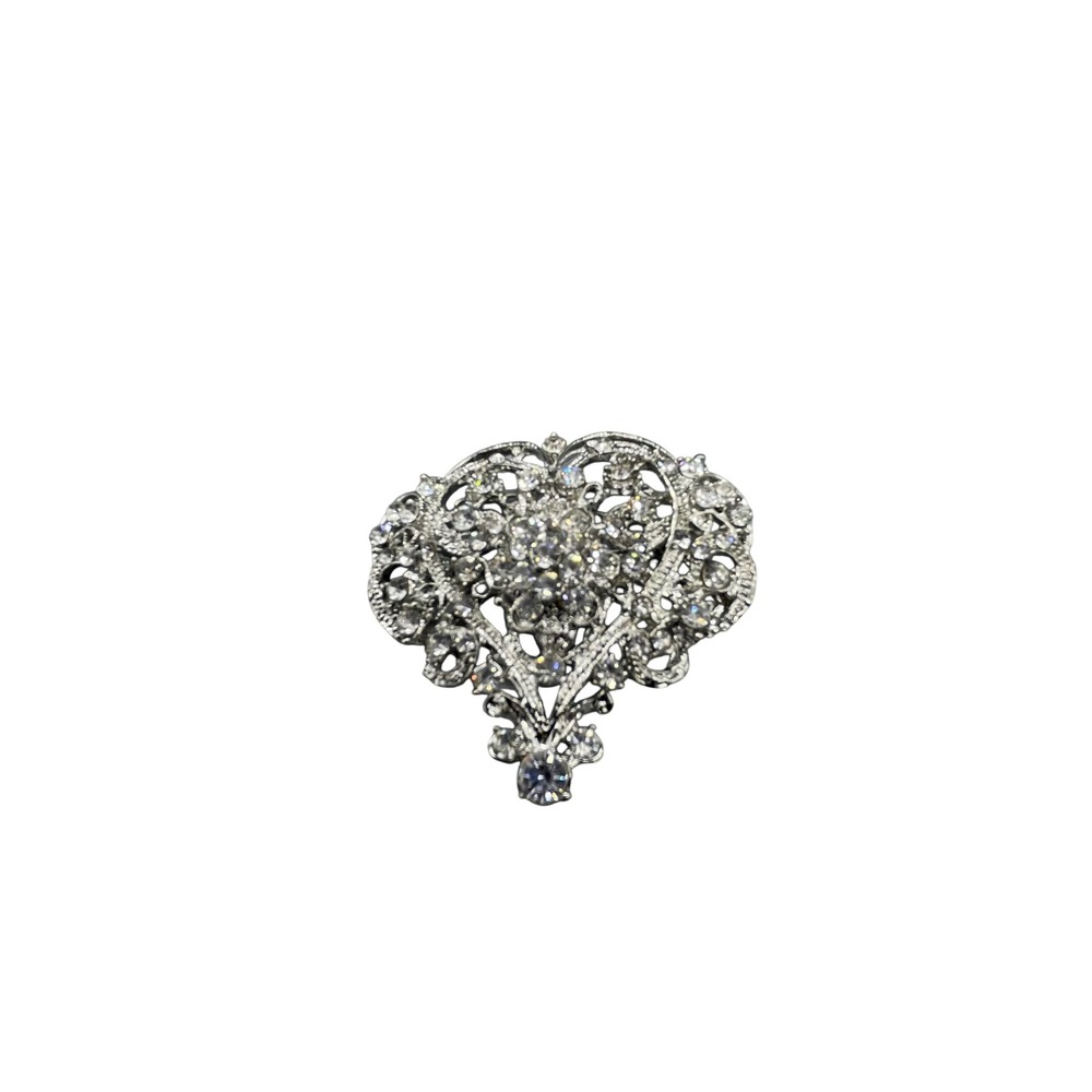 Vintage Silver Tone Rhinestone Heart Brooch Filigree Crystal Statement Pin 2in